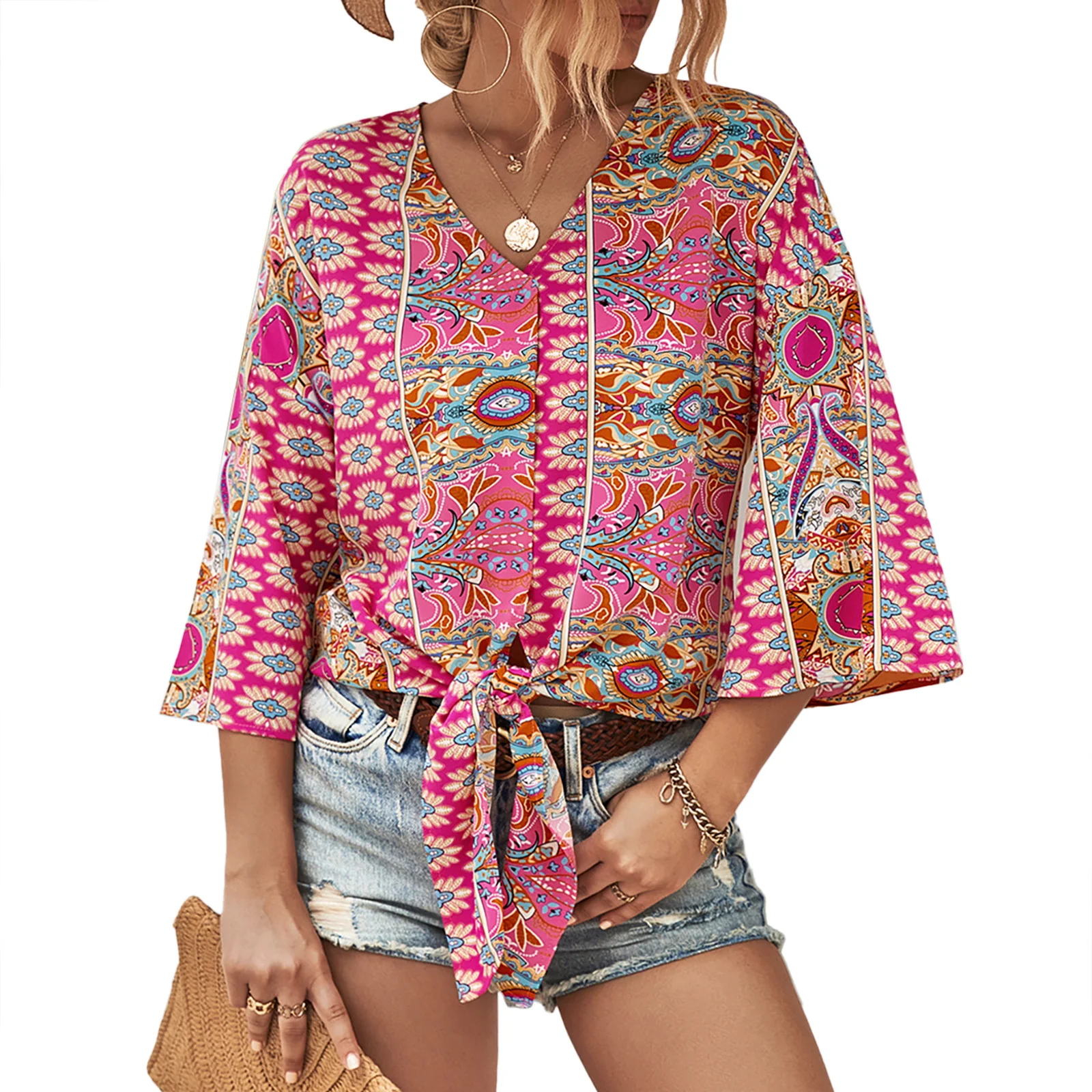 YESFASHION Women Blouse V Neck Half Sleeves Tie Front Tops