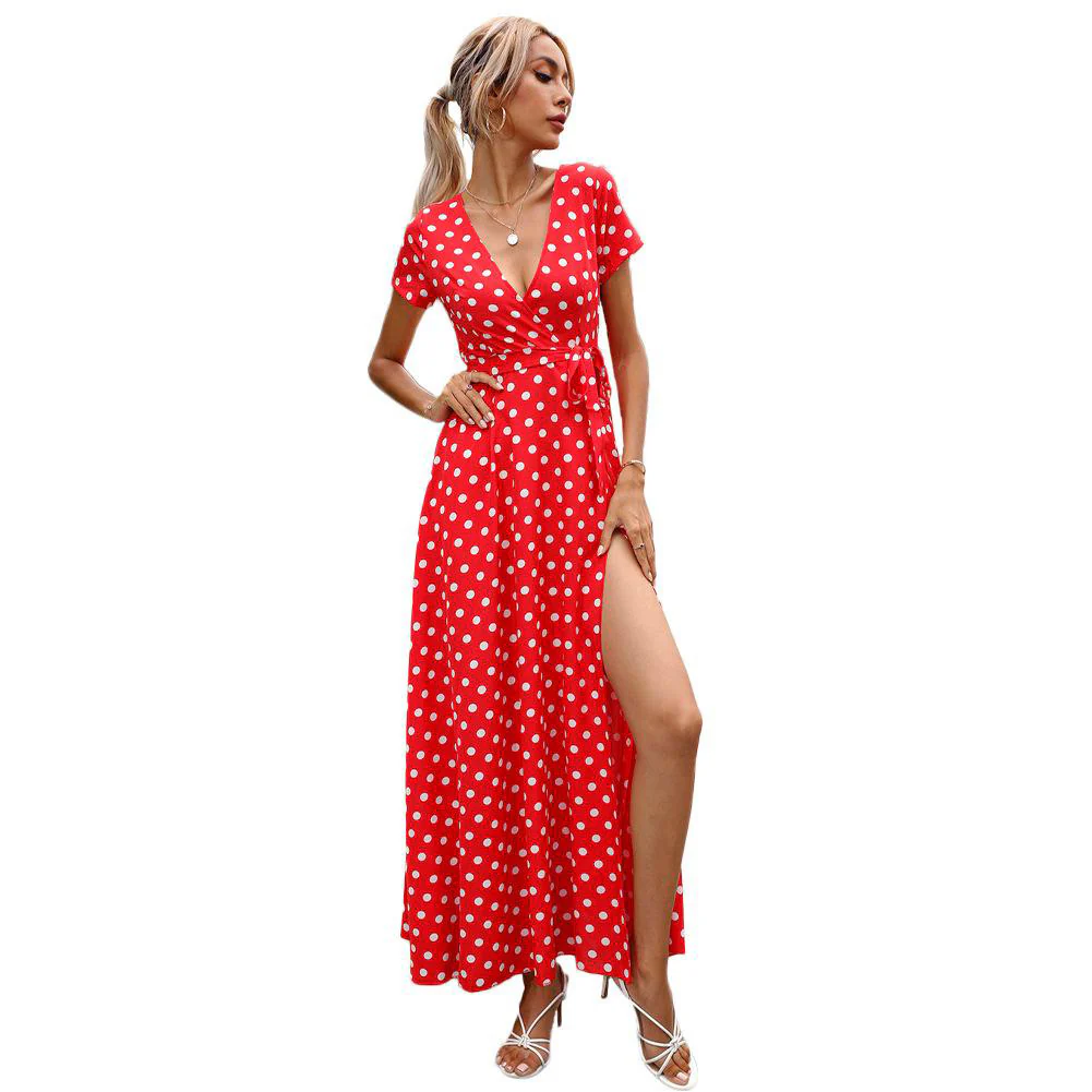 YESFASHION Women's Dress  Summer Waist-Cinched Short Sleeve Polka Dot With Side Slit Zipper Closure